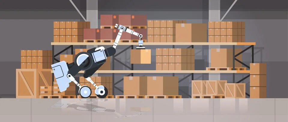 Robotic worker loading cardboard boxes hi-tech smart factory warehouse interior 스톡 일러스트