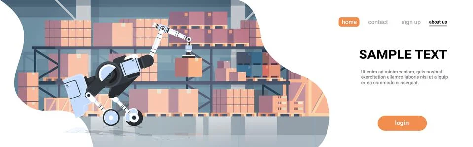 Robotic worker loading cardboard boxes hi-tech smart factory warehouse interior Stock Illustration