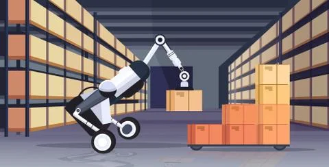 Robotic worker loading cardboard boxes hi-tech smart factory robot artificial Stock Illustration
