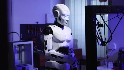 Robotic worker scientific engineer learning 3d printing machine interacting Stock Footage 153745453
