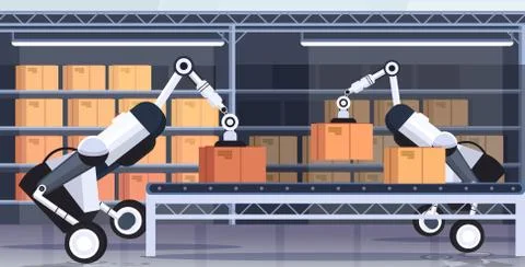 Robotic workers loading cardboard boxes hi-tech smart factory robot artificial Stock Illustration