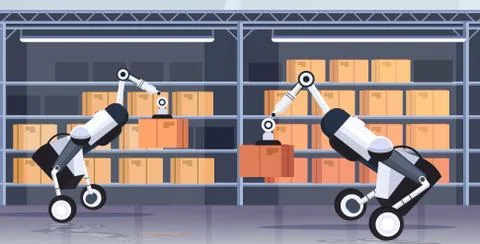 Robotic workers loading cardboard boxes hi-tech smart factory robot artificial Stock Illustration