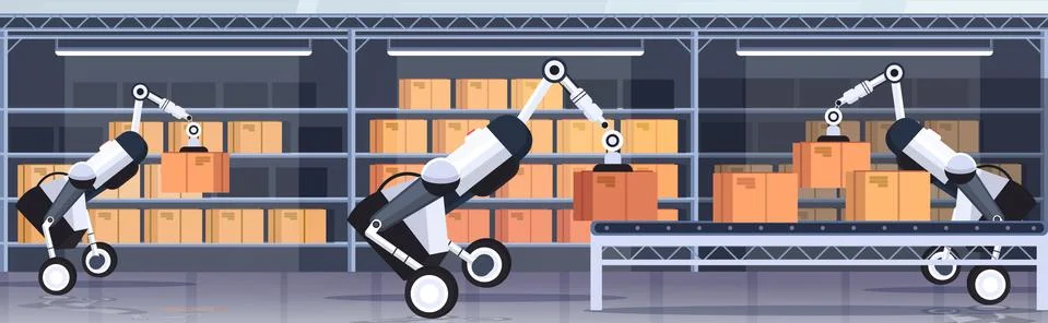 Robotic workers loading cardboard boxes hi-tech smart factory robot artificial Stock Illustration