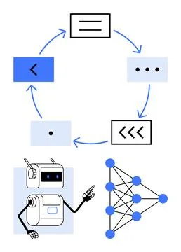 Robotic Workflow and Neural Network Diagram with Circular Data Process Stock Illustration