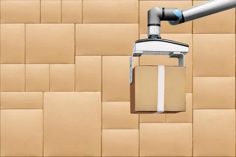 Robotic workforce background, Robotic arm handling cardboard box in warehouse Stock Photos