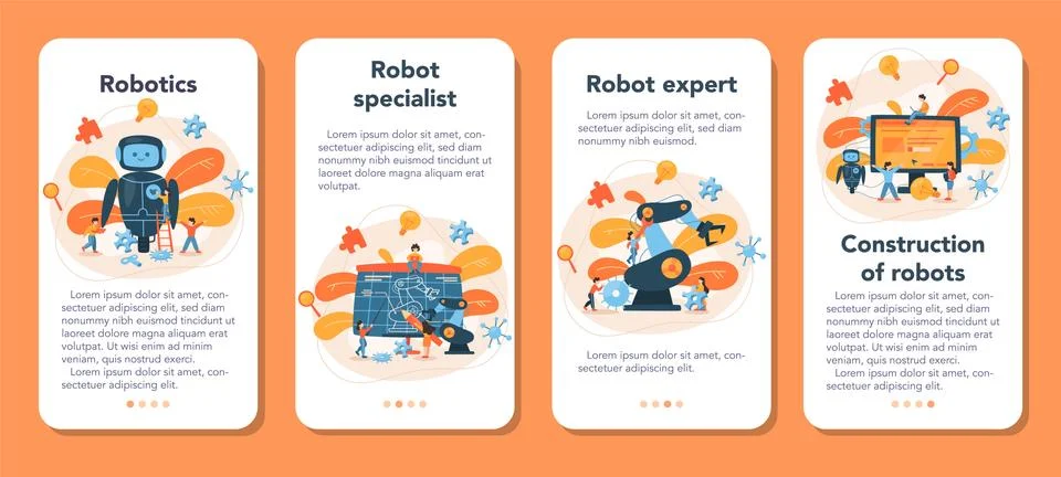 Roboticist mobile application banner set. Robotic engineering 스톡 일러스트