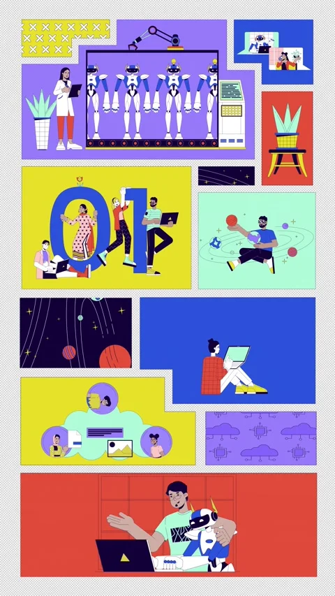 Robotics, AI and digital innovation bento grid vertical animation Stock Footage 320238525
