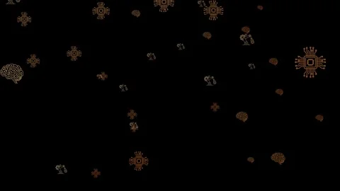 Robotics and AI brain icons with circuits on black background, technology concep Stock Footage 340655631