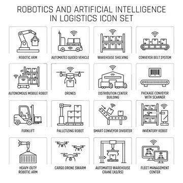 Robotics and Artificial Intelligence in Logistics Icon Set featuring automa.. Stock Illustration