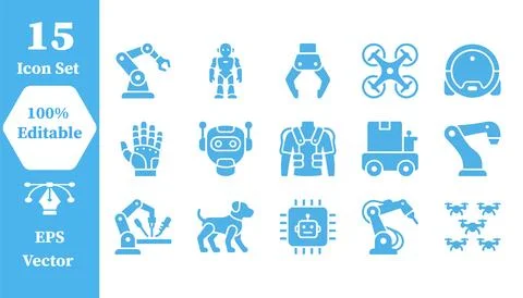 Robotics and automation technology icon set for industrial manufacturing Stock Illustration