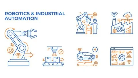 Robotics and industrial automation line icon set with robotics, automation Stock Illustration