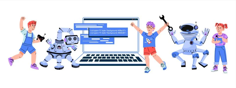 Robotics and programming education for children, flat vector isolated. Stock Illustration