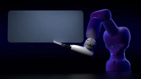 Robotics arm holding blank blue boards on black background. Stock Illustration