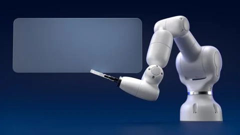 Robotics arm holding blank blue boards on black background. Stock Illustration