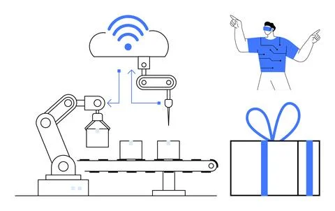 Robotics arm sorts boxes on assembly line, connected to cloud via wireless si Stock Illustration