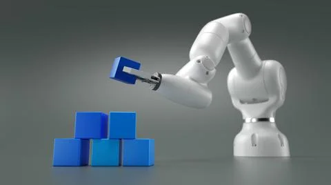 Robotics arm stacking blank blue cubic blocks on grey background. Stock Illustration