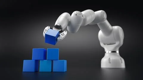 Robotics arm stacking blank blue cubic blocks on grey background. Stockillustratie