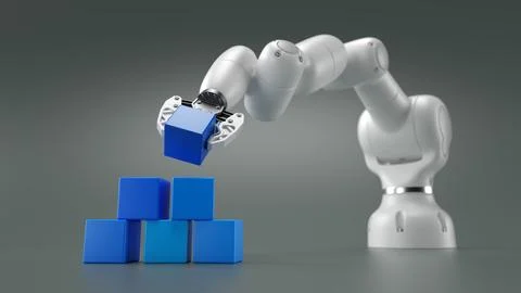 Robotics arm stacking blank blue cubic blocks on grey background. Stock Illustration