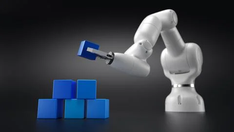 Robotics arm stacking blank blue cubic blocks on grey background. Stockillustratie