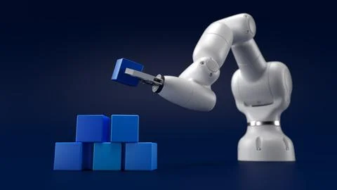 Robotics arm stacking blank blue cubic blocks on grey background. Stockillustratie