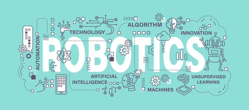 Robotics . Artificial Intelligence or AI concept . Word with outline icon a.. Stock Illustration