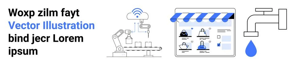 Robotics Assembly Line, E-commerce Storefront, Water Faucet Industry Applic.. Stock Illustration
