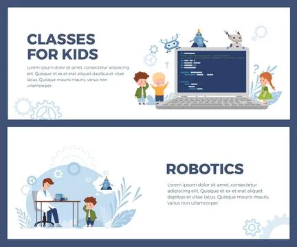Robotics classes for kids, advertising web banners set, flat vector illustration Stock Illustration