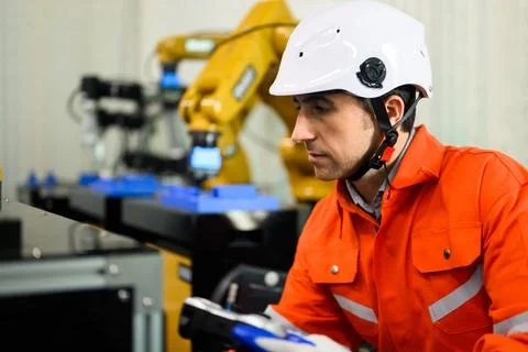 Robotics controller engineer working and solving problems on machine Stock Photos