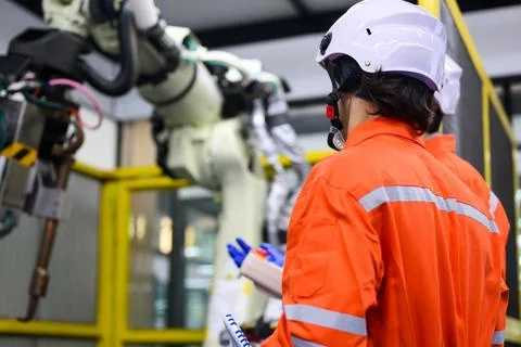 Robotics controller engineers working and solving problems on machine Foto stock