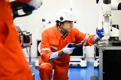 Robotics controller engineers working and solving problems on machine Stock Photos