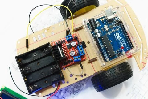 Robotics creation with arduino uno microcontroller 스톡 사진