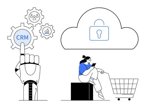 Robotics in CRM With Cloud Security and Online Shopping Conceptual Illustrati Stock Illustration