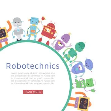Robotics with cute robots and transformers round banner for kids lessons vector Stock Illustration
