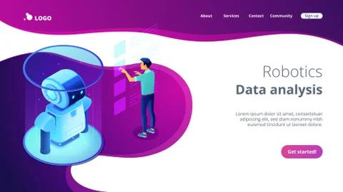 Robotics data analysis isometric 3D landing page. 스톡 일러스트