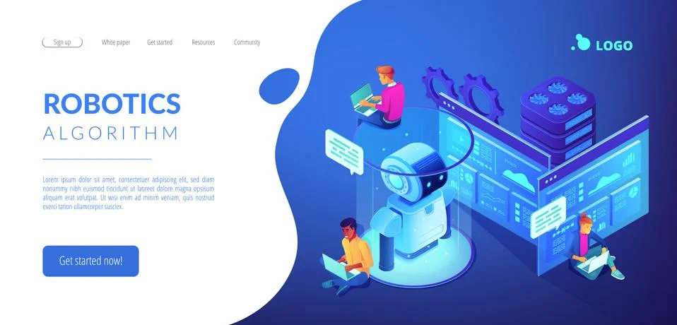 Robotics developer isometric 3D landing page. Stock Illustration