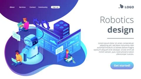 Robotics developer isometric 3D landing page. Illustrazione stock