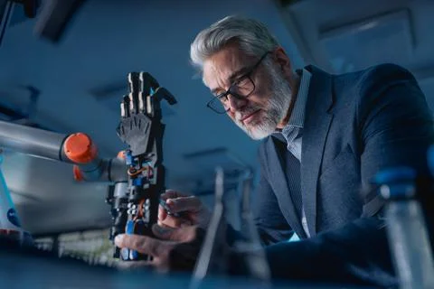 Robotics engineer adjusting, calibring robotic prosthetic hand. Concept of Stock Photos