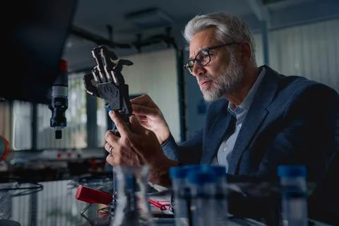 Robotics engineer adjusting, calibring robotic prosthetic hand. Concept of Stock Photos