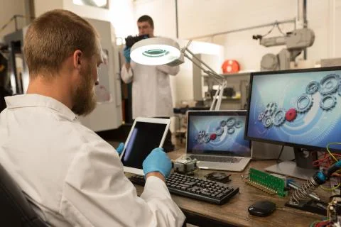 Robotics engineer using digital tablet at desk Stock Photos