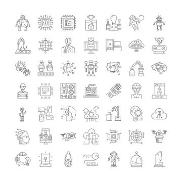 Robotics engineering linear icons, signs, symbols vector line illustration set Stock Illustration