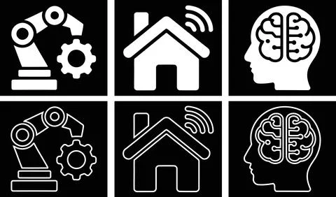 Robotics Icon Set, Robot Arm Gear Smart Home Wifi and Head Brain Circuit Sy.. Stock-Illustration