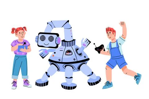 Robotics with kids designing electronic robots. Children create smart toys. Stock Illustration