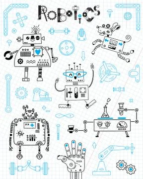 Robotics for kids. Set of design elements. Robots and details for construction Illustrazione stock