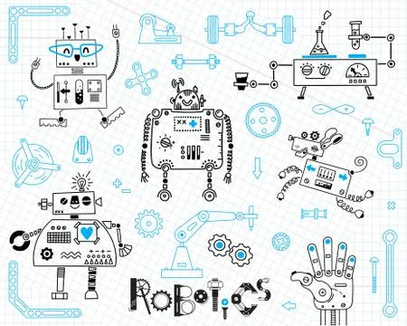 Robotics for kids. Set of design elements. Robots and details for construction 스톡 일러스트