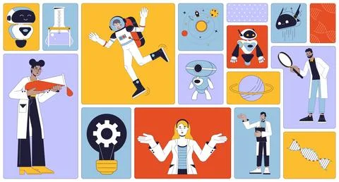 Robotics lab research bento grid illustration set Stock Illustration