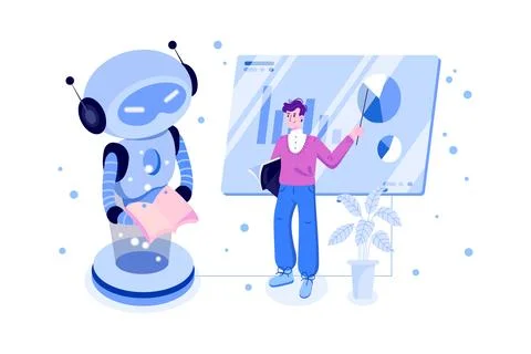 Robotics Learning Illustration Concept. Teacher giving lecture to robots Stock Illustration