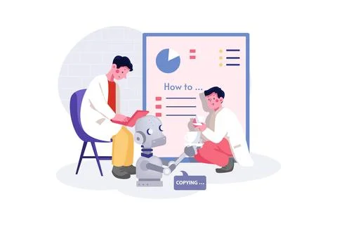 Robotics Learning. Teacher giving lecture to robots Stock Illustration