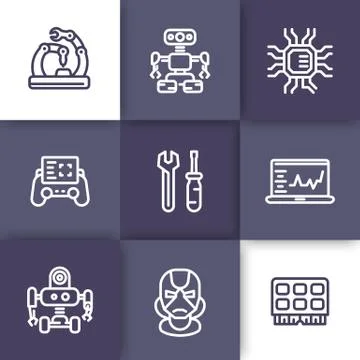 Robotics, mechanical engineering, microelectronics, robots icons, linear styl Stock Illustration