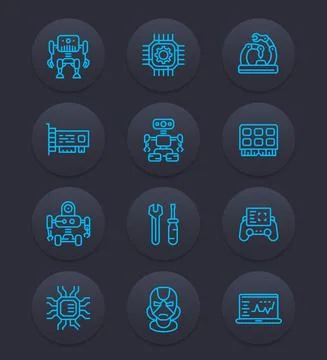Robotics, mechanical engineering, robots icons, linear Stock Illustration