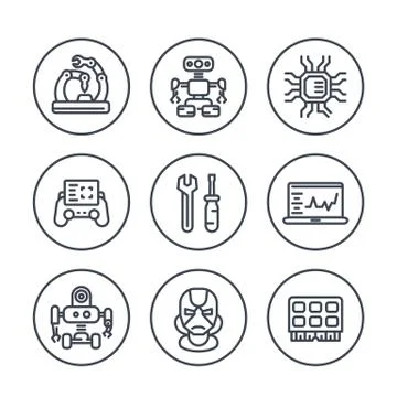 Robotics, mechanical engineering, robots, microelectronics line icons in circ Stock Illustration